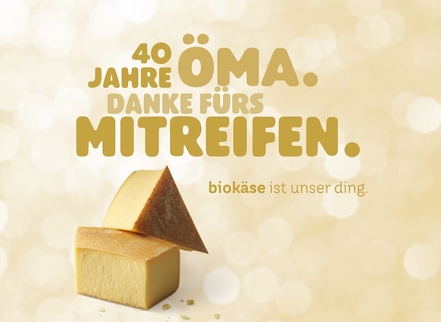 The image celebrates 40 years of ÖMA and thanks you for supporting the artful aging of organic cheese.