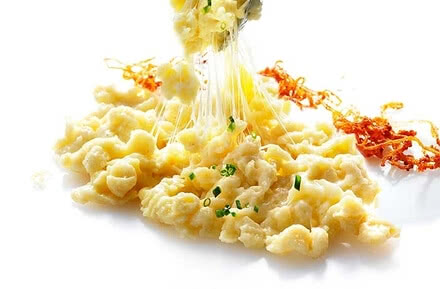 The image presents cheesy pasta dishes crowned with golden fried onions.